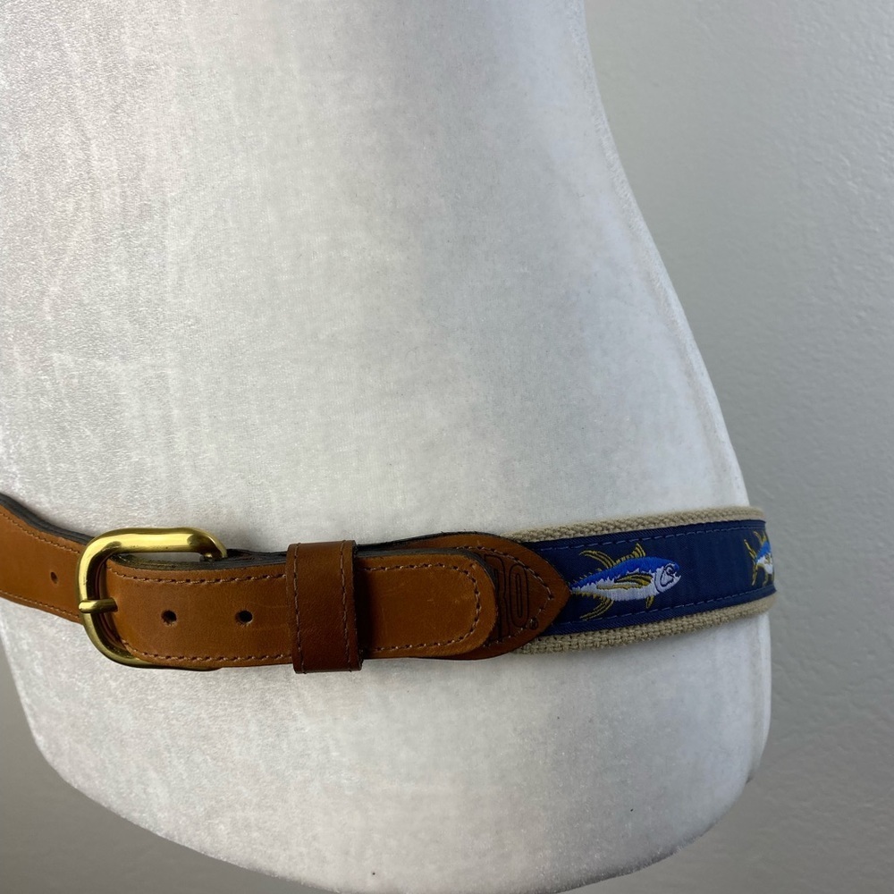 ZEP-PRO Leather Canvas Woven Ribbon Fish Mahi Belt  Brown Blue 36” Made in USA